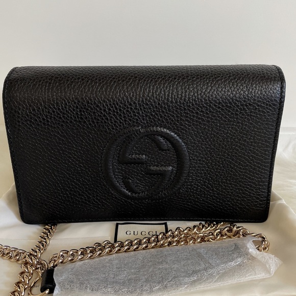 GUCCI 598211 Pebbled Calfskin Soho Wallet on Chain Crossbody Black - Picture 9 of 11